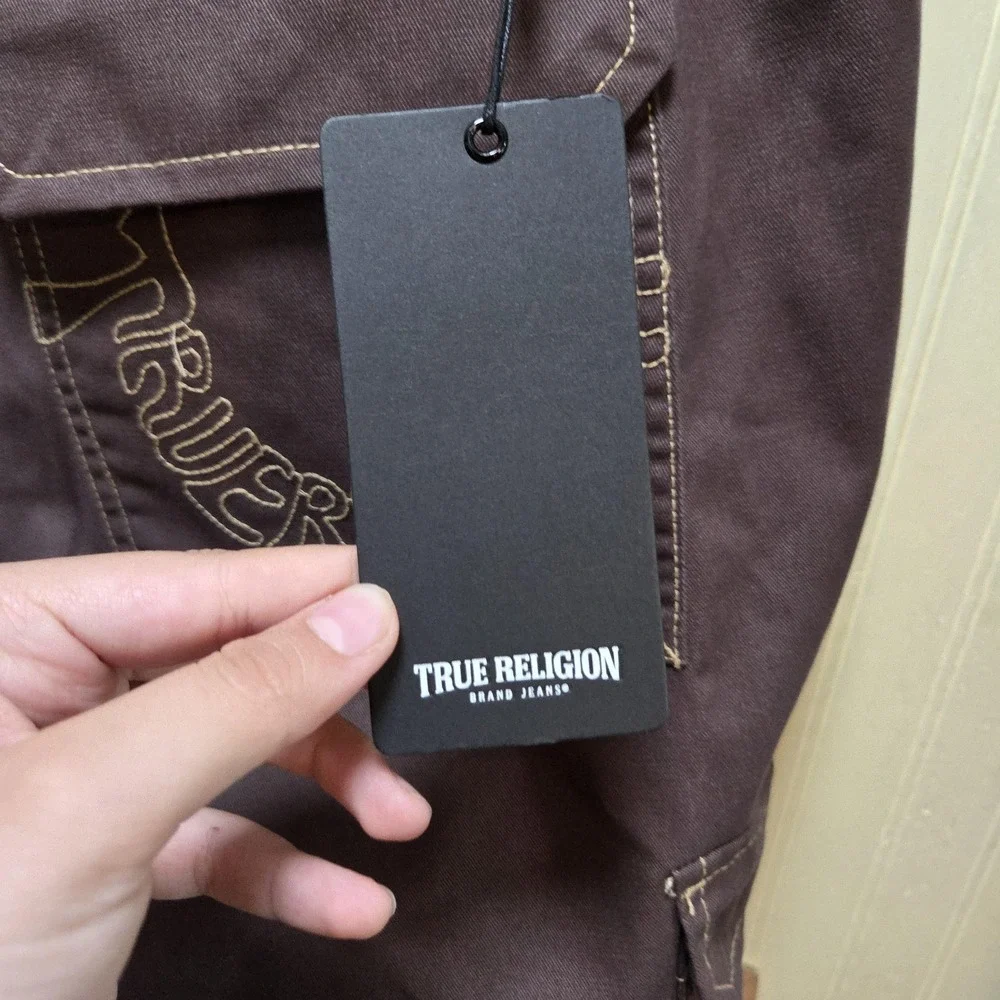 True Religion Cargo Pants Mens 36x32 Brown Relaxed Fit Embroidered Logo Pockets